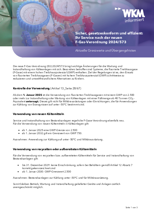 WKM informiert - F-Gas Verorndung Kundendienst - Wartung, Dichtheitsprüfungen und Reparaturen